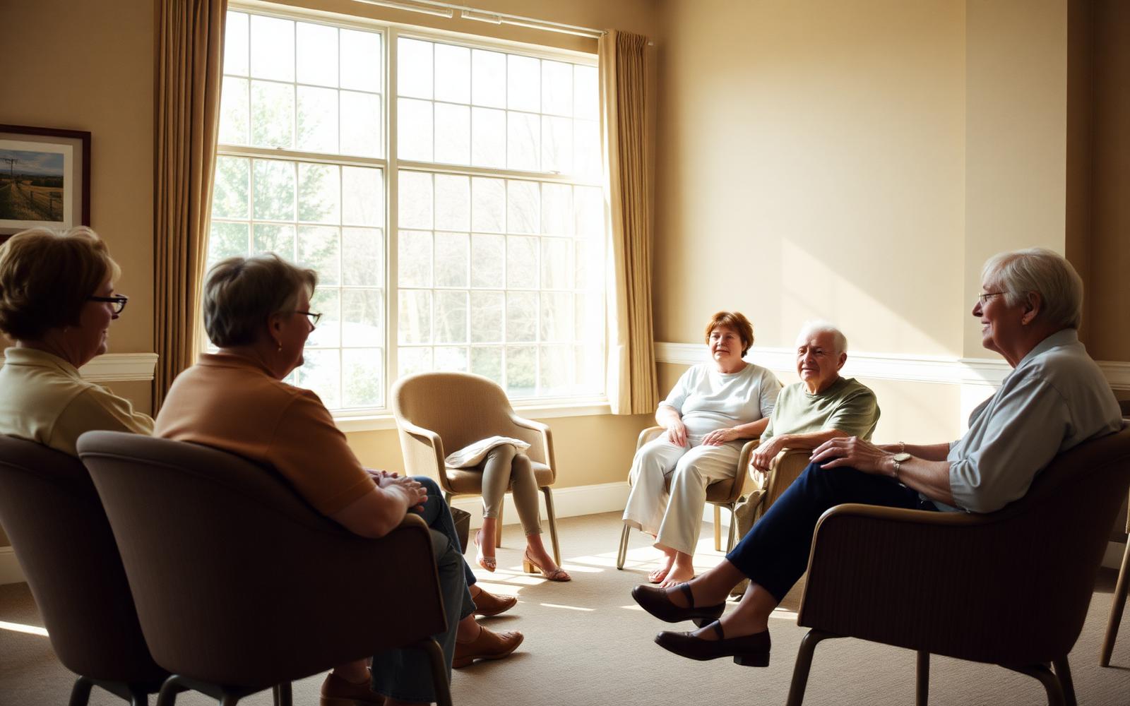 Groep mensen in gesprek in een cirkel van stoelen bij daglicht