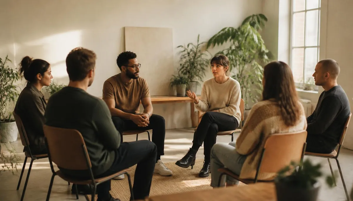 Groep mensen in een cirkel tijdens een gespreksavond