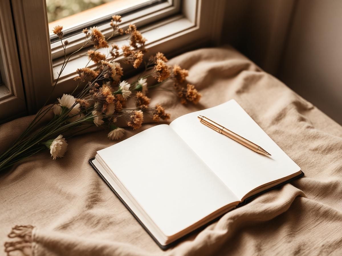 Open notitieboek met droogbloemen in zacht daglicht