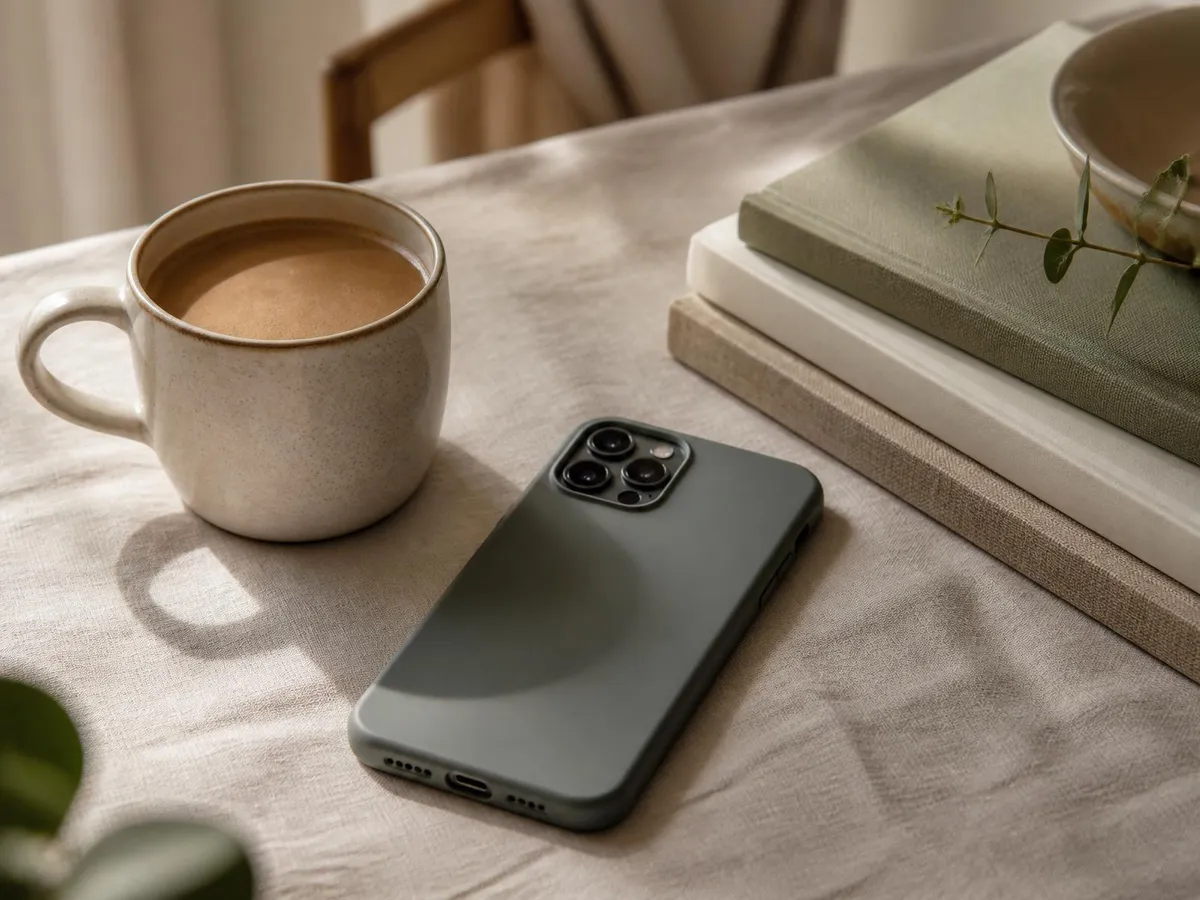 Telefoon met de schermkant naar beneden op een tafel, naast een mok koffie