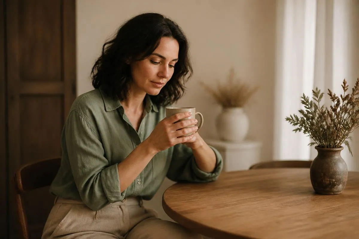 Vrouw zit rustig met een kop thee in haar handen
